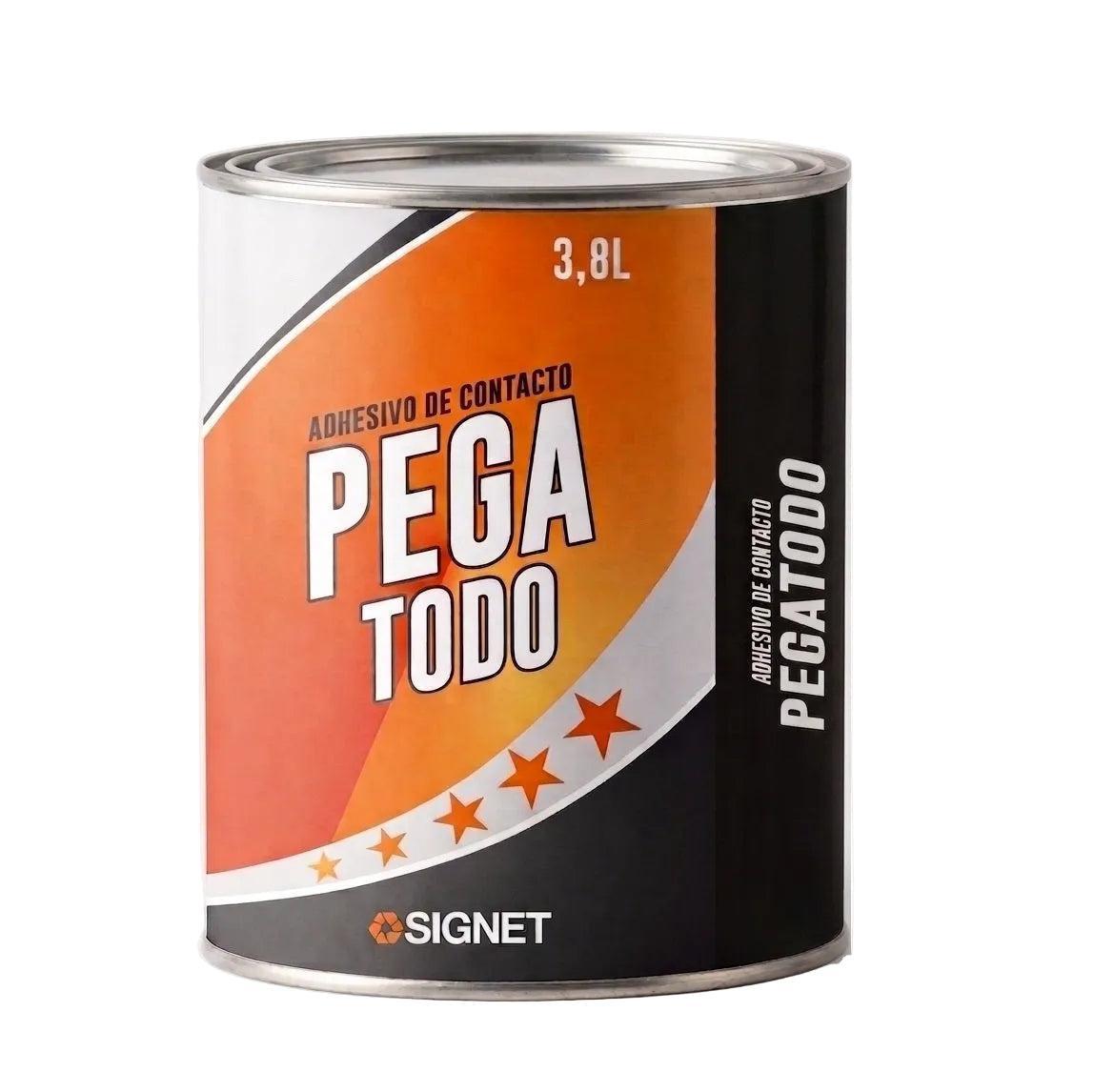 Lata de pegamento de contacto Signet de 3,8 litros con etiqueta naranja y negra para alto rendimiento profesional.