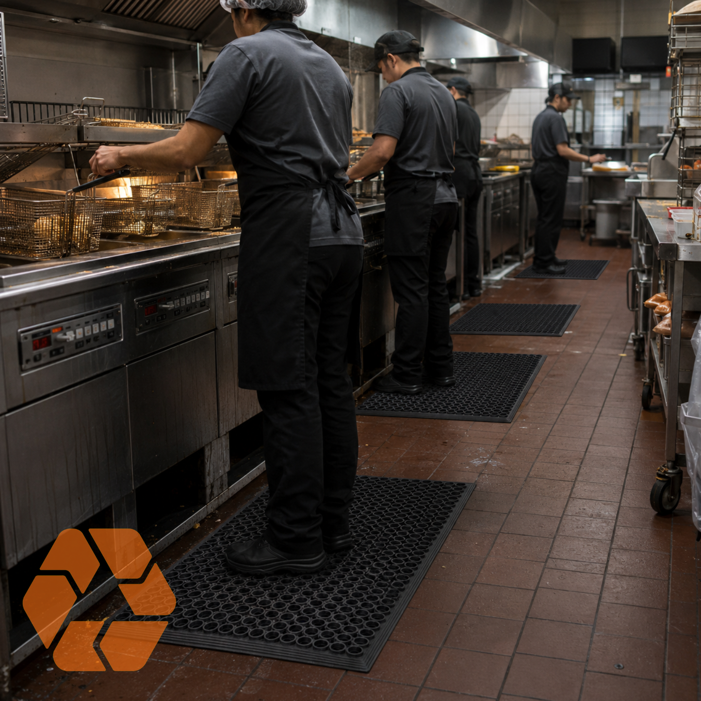 Piso de goma antifatiga negro de 12mm en cocina industrial, ideal para reducir el cansancio y drenar líquidos en áreas de trabajo.