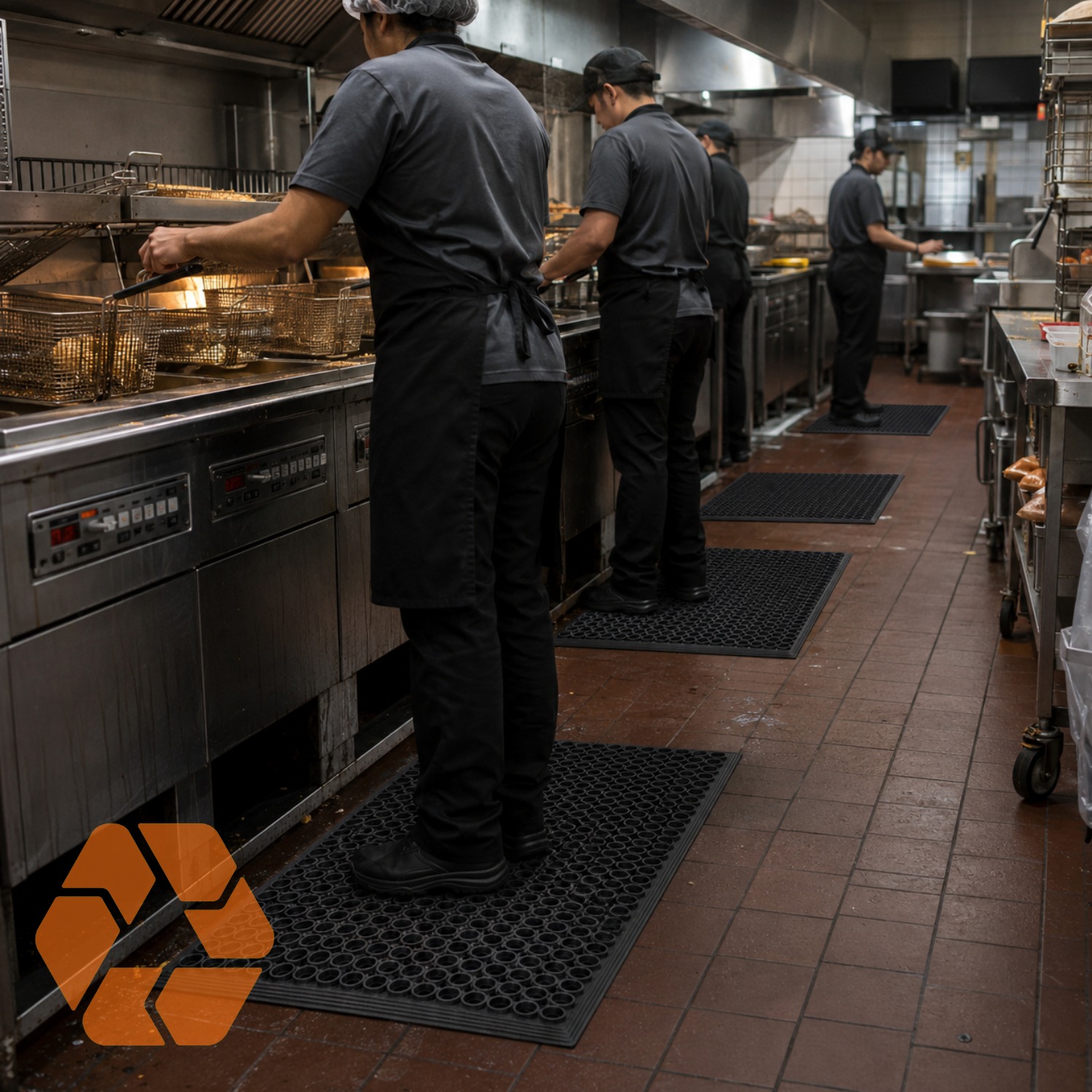 Piso de goma antifatiga negro de 12mm en cocina industrial, ideal para reducir el cansancio y drenar líquidos en áreas de trabajo.