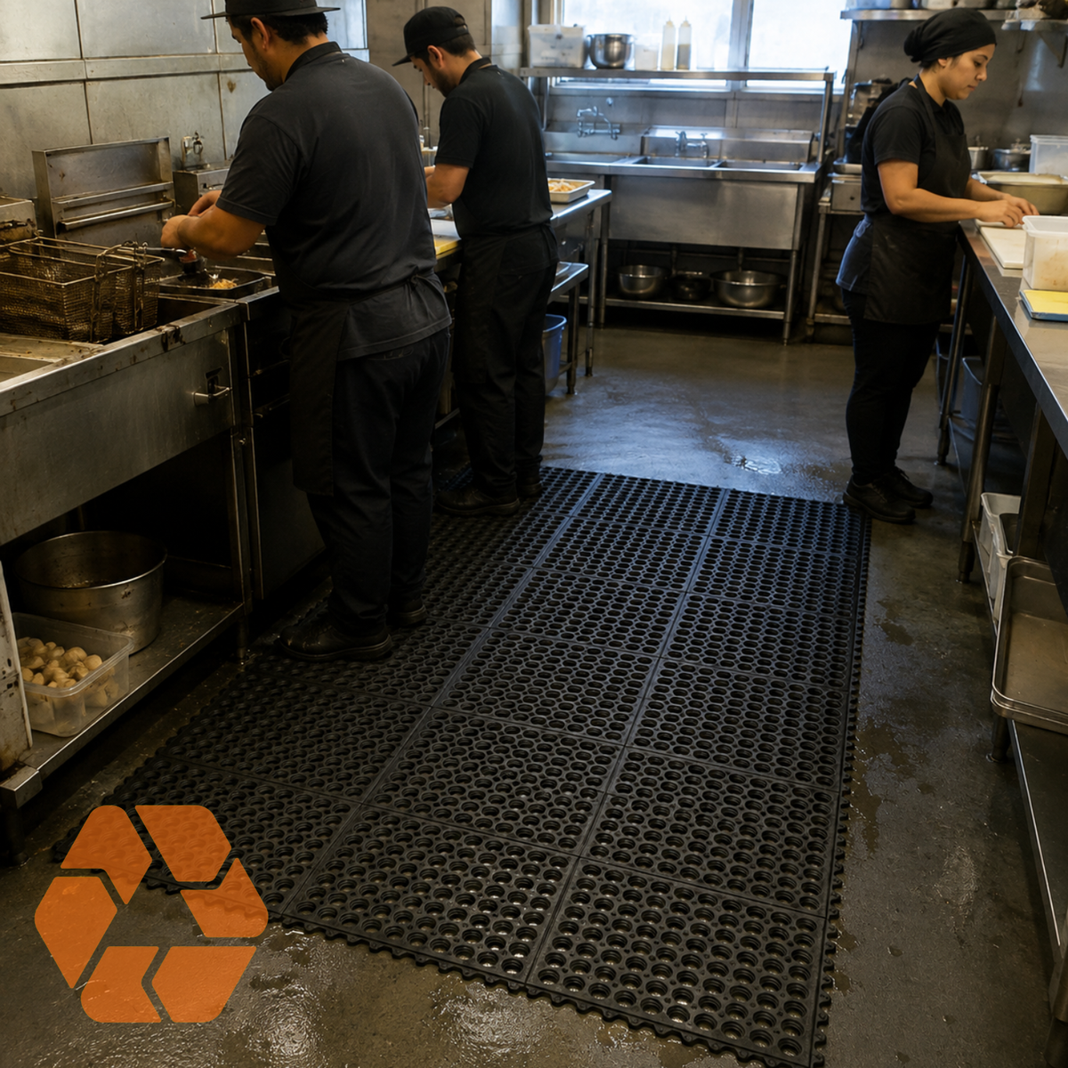 Piso de goma interconectable negro de 12mm, antideslizante y resistente, ideal para cocinas industriales y zonas de trabajo.