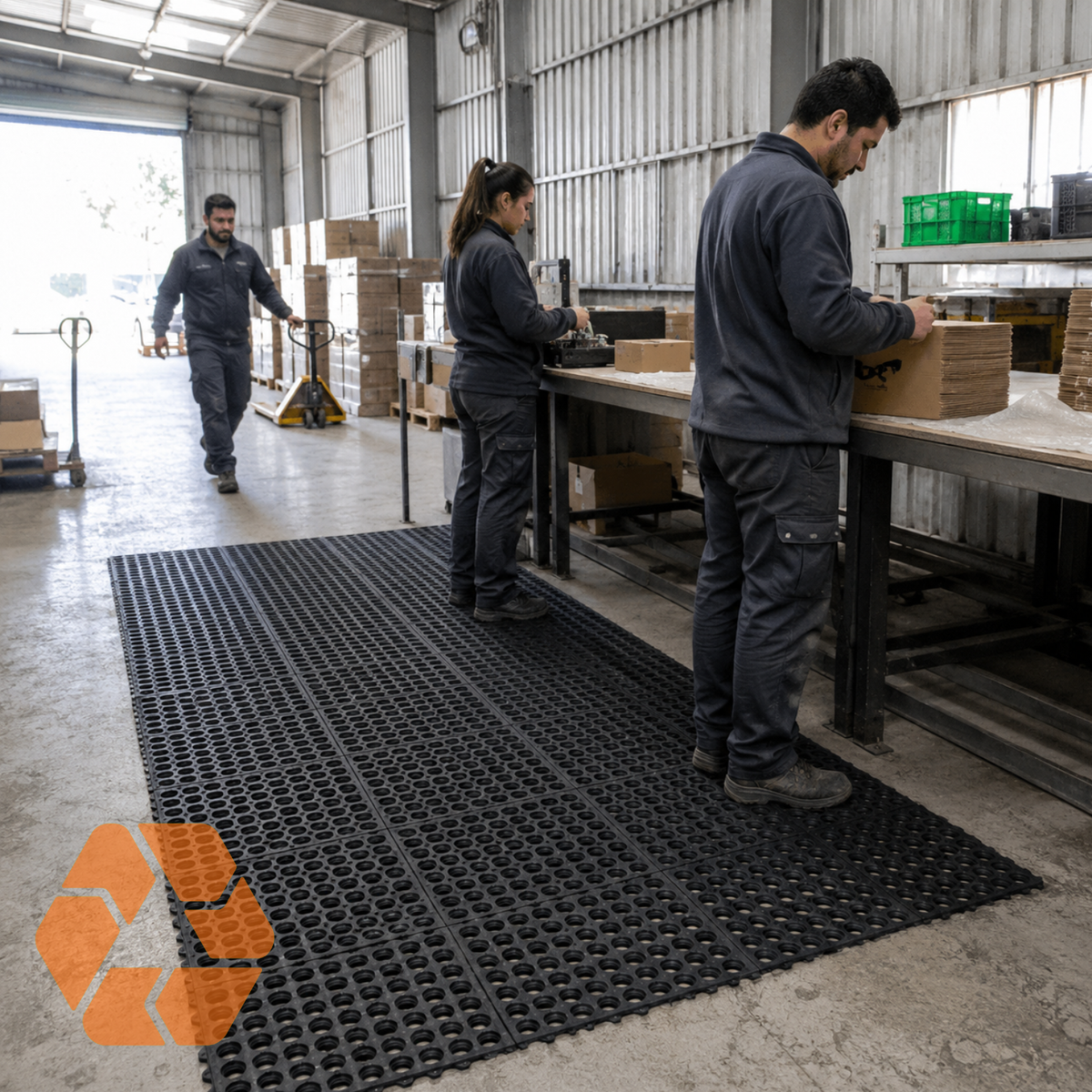 Piso de goma negro interconectable de 12mm, ideal para zonas industriales con drenaje y alta resistencia al trabajo pesado.