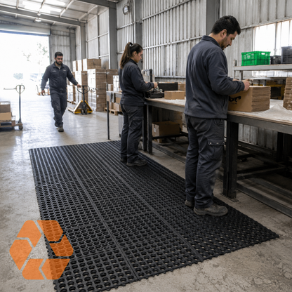 Piso de goma negro interconectable de 12mm, ideal para zonas industriales con drenaje y alta resistencia al trabajo pesado.