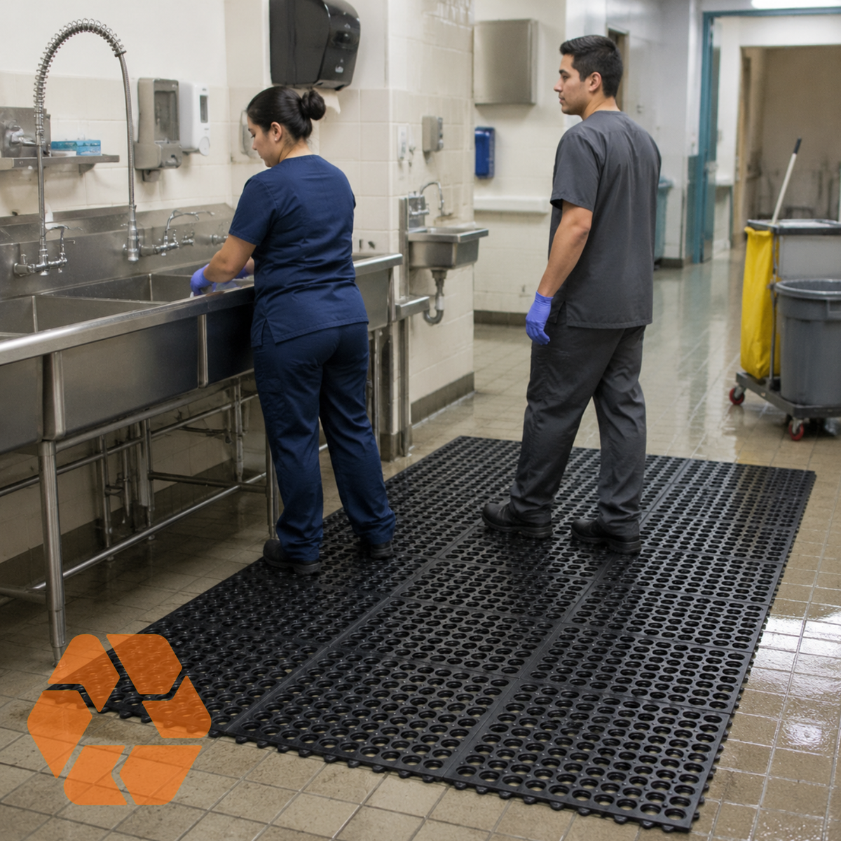 Piso de goma negro interconectable de 12mm, antideslizante y resistente, ideal para cocinas industriales y áreas de trabajo.