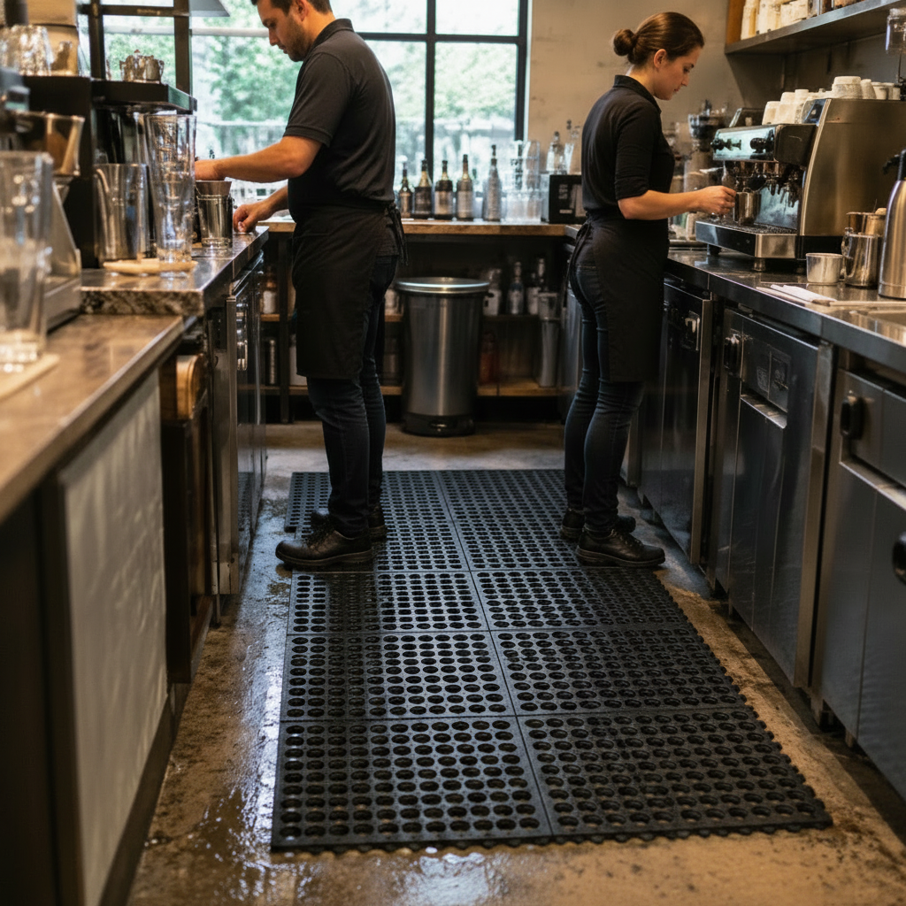 Piso de goma negro interconectable de 12mm, ideal para cocinas industriales, resistente a líquidos y diseñado para mayor confort.