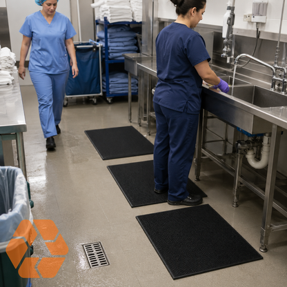 Tapete de goma negro antideslizante de 16mm para cocinas y hospitales, resistente a líquidos y de fácil drenaje.