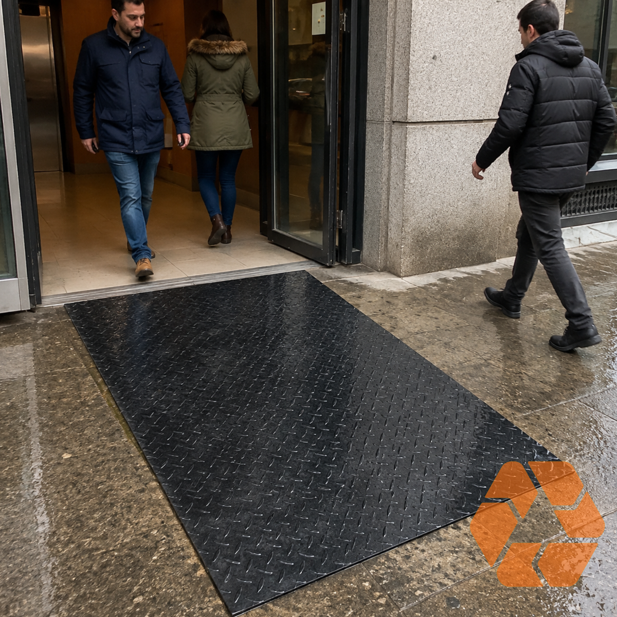 Piso de goma negro diamantado de 3mm, antideslizante y resistente para alto tráfico en entradas comerciales y edificios.