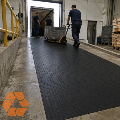 Piso de goma negro antideslizante con textura estoperol de 3mm, ideal para zonas de alto tráfico industrial y comercial.