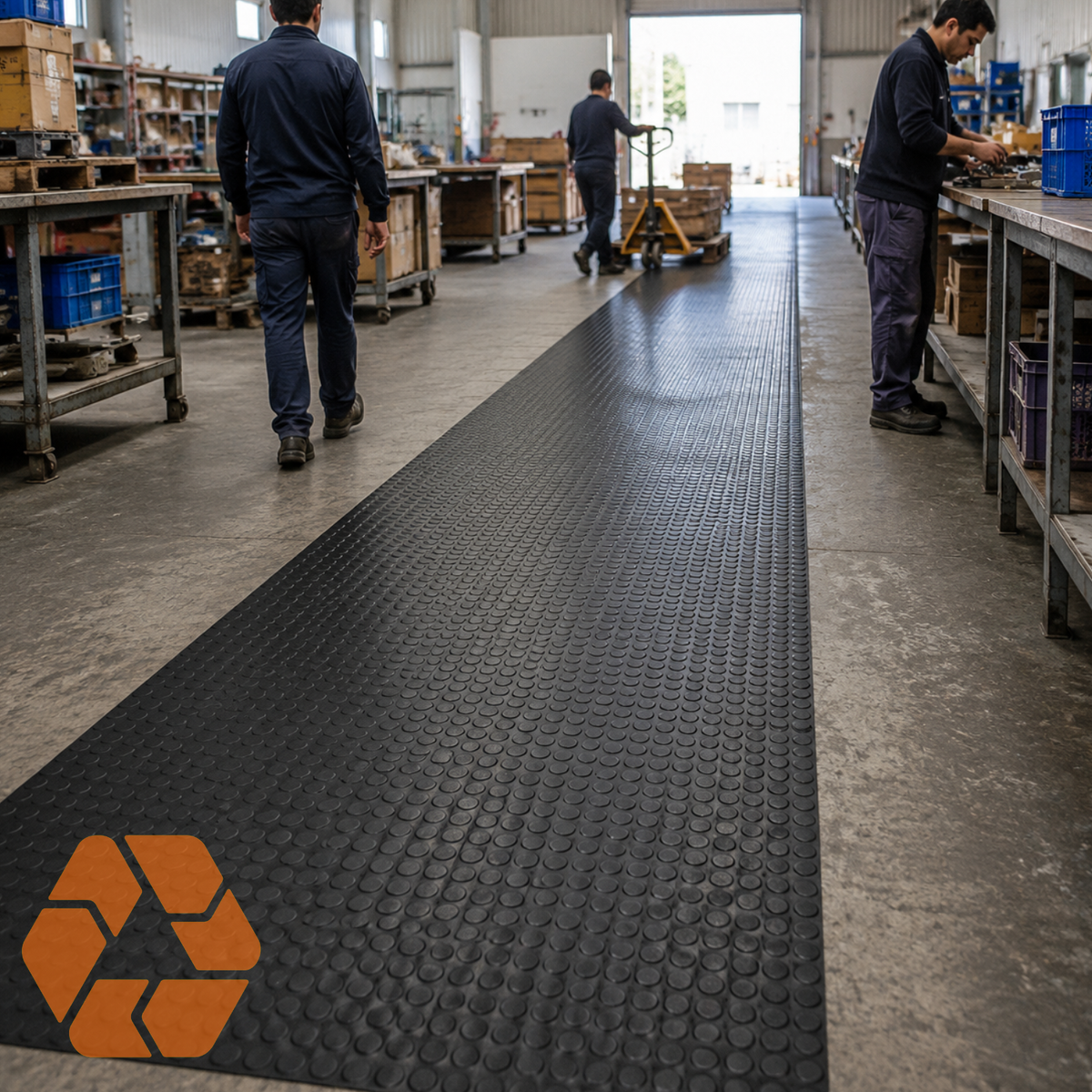 Piso de goma negro antideslizante con diseño estoperol, ideal para alto tráfico en bodegas y zonas industriales.