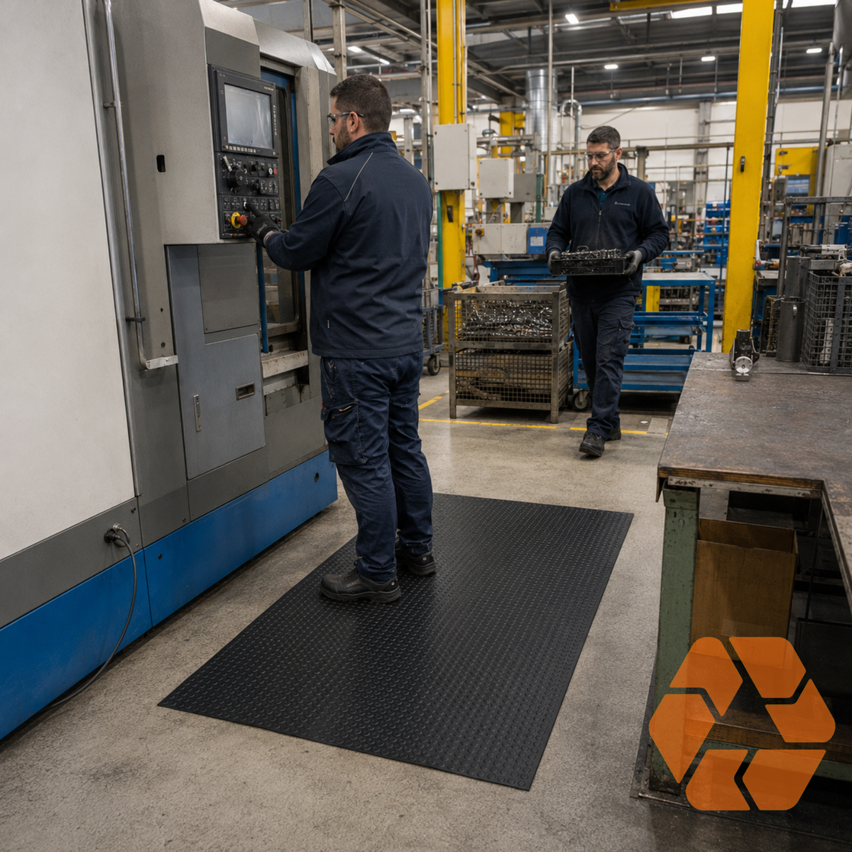 Piso de goma negro antideslizante con textura estoperol, ideal para alta resistencia en zonas industriales y talleres.