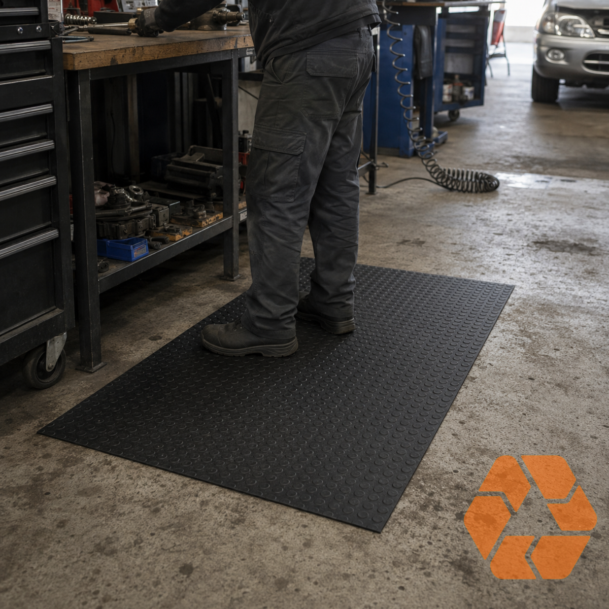 Piso de goma negro estriado de 3mm, antideslizante y resistente, ideal para talleres y zonas de alto tráfico industrial.