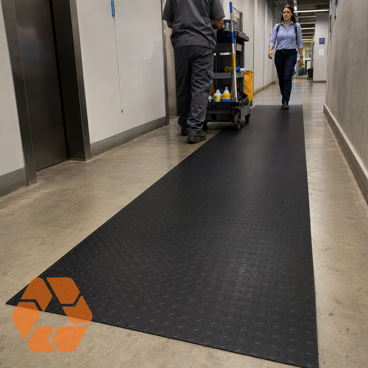 Piso de goma negro antideslizante con textura estriada, ideal para pasillos de alto tráfico y máxima seguridad.