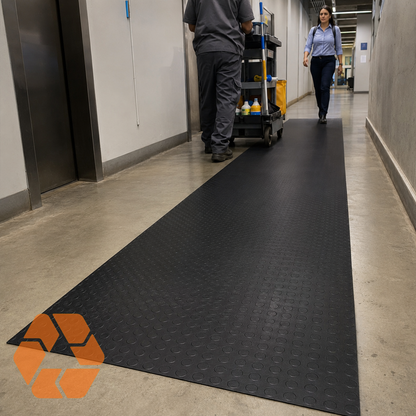 Piso de goma negro antideslizante con textura estriada, ideal para pasillos de alto tráfico y máxima seguridad.