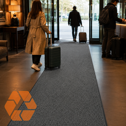Piso Nomad gris de PVC de 1,2x3m, ideal para alto tráfico, atrapa suciedad y humedad en entradas de edificios y oficinas.