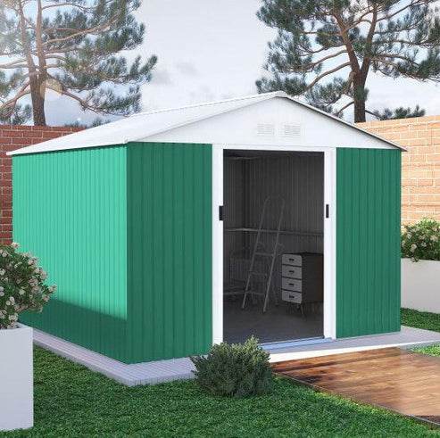 Bodega metálica Archer G de 13m² en color verde, con techo a dos aguas, puertas correderas y diseño resistente para exteriores.